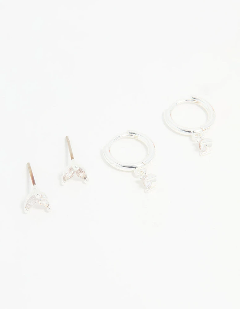 Silver Plated Brass Diamante Baguette Flower Hoop & Stud Earrings 4-Pack