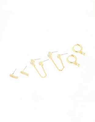 Gold Plated Brass Cubic Zirconia Chain & Stud Earrings 3-Pack