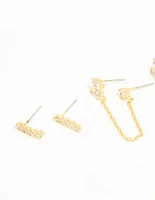 Gold Plated Brass Cubic Zirconia Chain & Stud Earrings 3-Pack