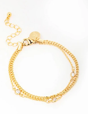 Gold Plated Brass Cubic Zirconia Chain Layered Bracelet