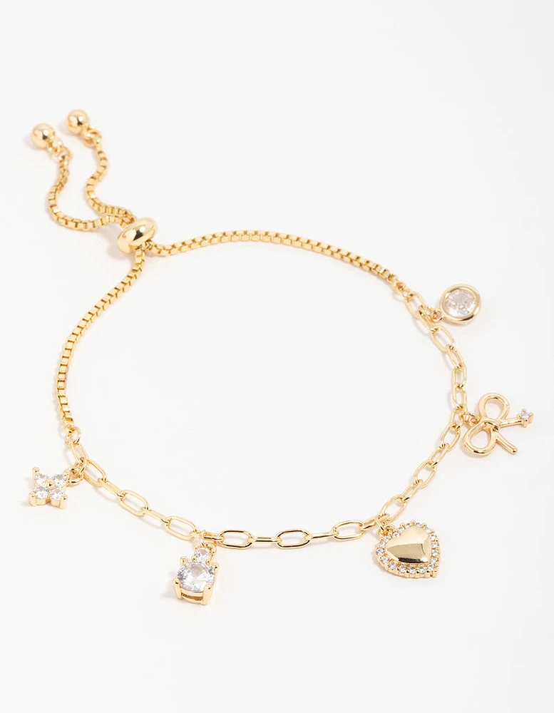 Gold Plated Brass Cubic Zirconia Heart & Bow Charm Toggle Bracelet