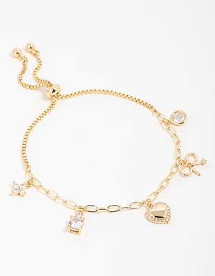 Gold Plated Brass Cubic Zirconia Heart & Bow Charm Toggle Bracelet