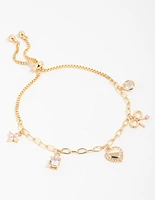 Gold Plated Brass Cubic Zirconia Heart & Bow Charm Toggle Bracelet