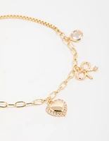 Gold Plated Brass Cubic Zirconia Heart & Bow Charm Toggle Bracelet