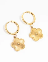 Gold Plated Stainless Steel Flower Drop Hoop Earrings