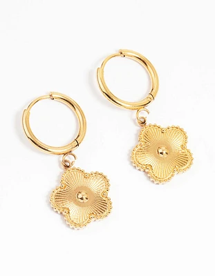 Waterproof Gold Plated Stainless Steel Flower Drop Hoop Earrings