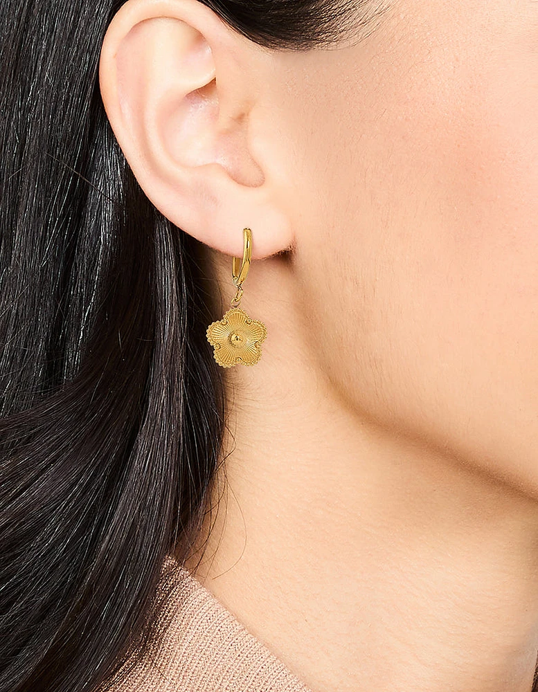 Waterproof Gold Plated Stainless Steel Flower Drop Hoop Earrings