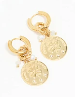 Gold Plated Stainless Steel Clover Coin Drop Hoop Earrings