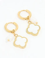 Gold Plated Stainless Steel Pearl & Flower Hoop Earrings