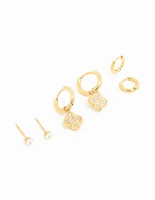 Gold Plated Stainless Steel Cubic Zirconia Flower Hoop Earrings 3-Pack