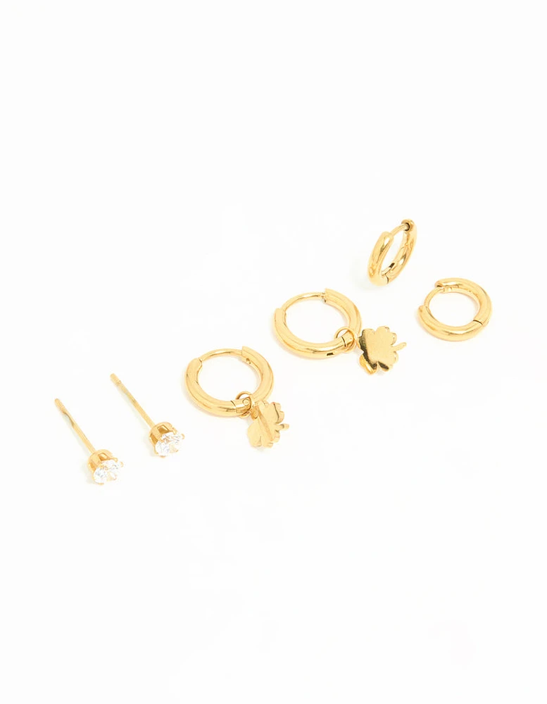 Waterproof Gold Plated Stainless Steel Clover Clean Earrings 3-Pack