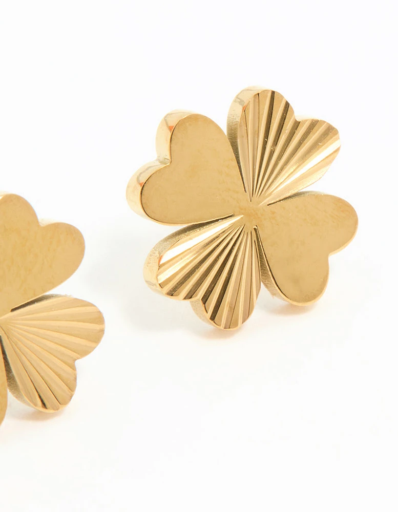 Gold Plated Stainless Steel Ribbed Clover Stud Earrings