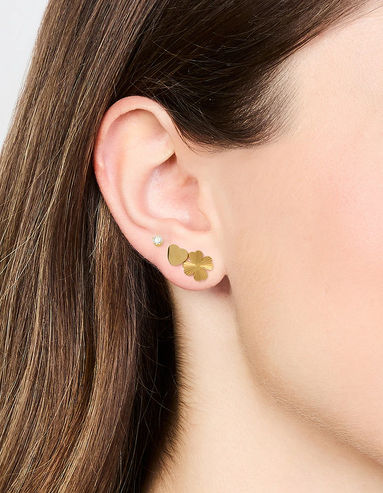 Waterproof Gold Plated Stainless Steel Diamante Clover & Heart Earring Stack Pack