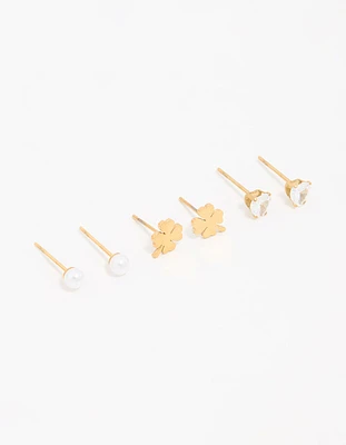 Gold Plated Stainless Steel Clean Clover Stud Earrings 3-Pack