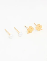 Gold Plated Stainless Steel Clean Clover Stud Earrings 3-Pack