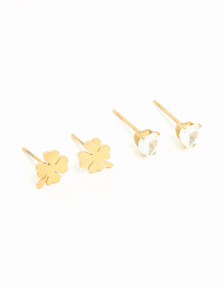 Gold Plated Stainless Steel Clean Clover Stud Earrings 3-Pack