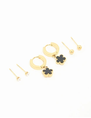 Waterproof Gold Plated Stainless Steel Flower & Star Earrings 3-Pack