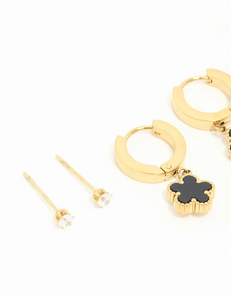 Gold Plated Stainless Steel Flower & Star Earrings 3-Pack