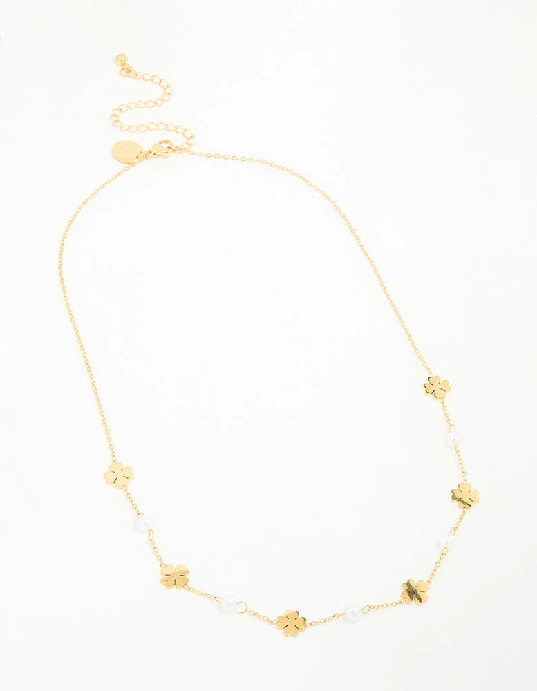 Gold Plated Stainless Steel Pearl & Clover Pendant Necklace