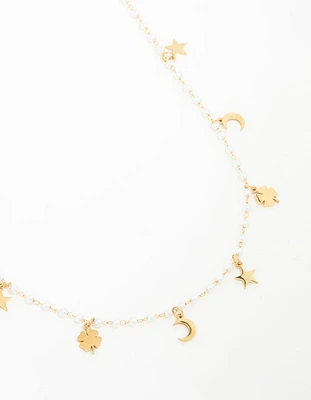 Gold Plated Stainless Steel Clover Star & Moon Charm Necklace