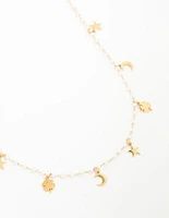 Waterproof Gold Plated Stainless Steel Clover Star & Moon Charm Necklace