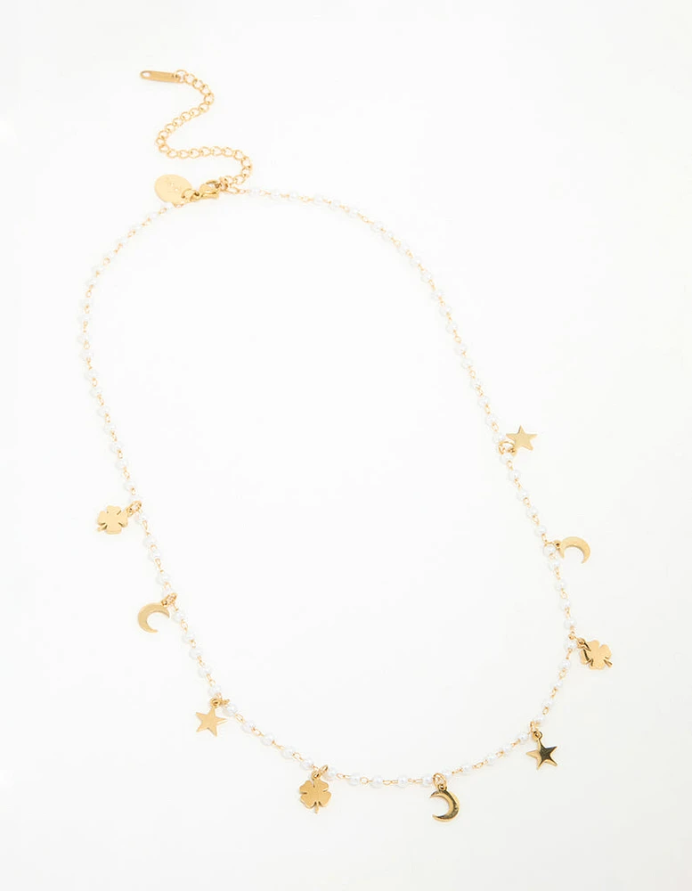 Waterproof Gold Plated Stainless Steel Clover Star & Moon Charm Necklace