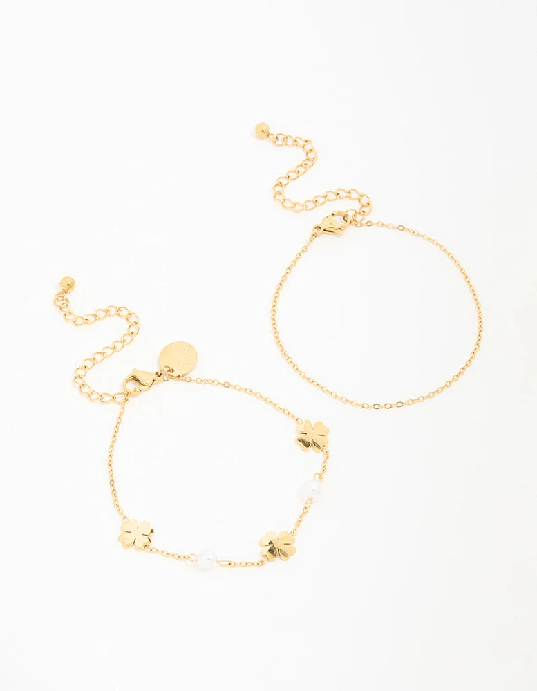 Gold Plated Stainless Steel Clover & Pearl Bracelets 2-Pack