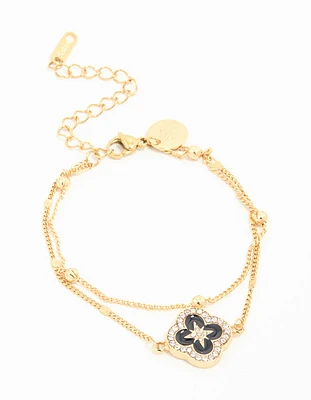 Gold Plated Stainless Steel Black Enamel Flower Layered Bracelet