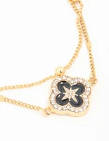 Gold Plated Stainless Steel Black Enamel Flower Layered Bracelet