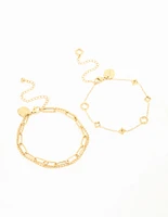 Gold Plated Stainless Steel Hollow Flower Chain Bracelets 2-Pack