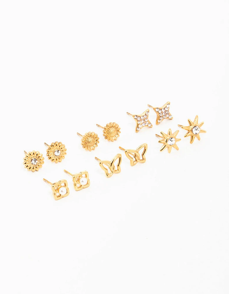 Waterproof Gold Plated Stainless Steel Cubic Zirconia Butterfly Stud Earrings 6-Pack
