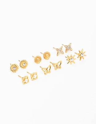 Waterproof Gold Plated Stainless Steel Cubic Zirconia Butterfly Stud Earrings 6-Pack
