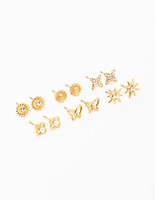 Waterproof Gold Plated Stainless Steel Cubic Zirconia Butterfly Stud Earrings 6-Pack