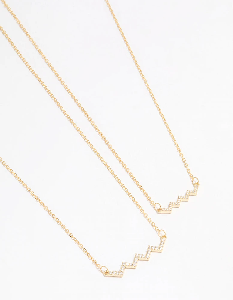 Gold Plated Cubic Zirconia Zig Zag Pendant Necklace Pack