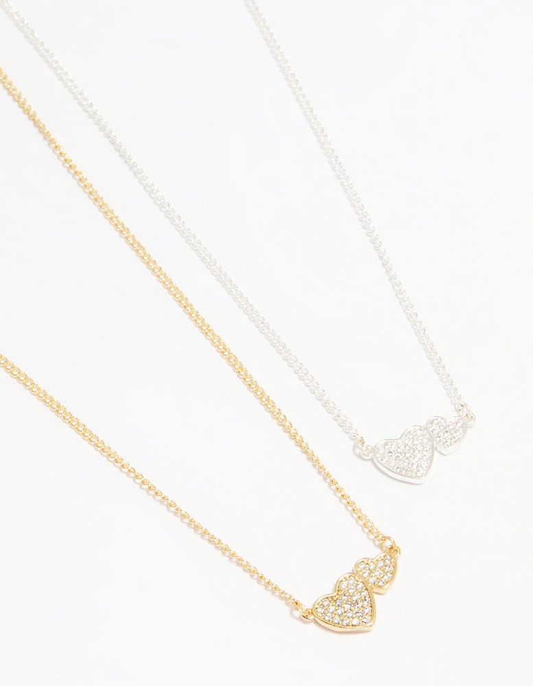 Mixed Metal Cubic Zirconia Heart Link Necklaces 2-Pack