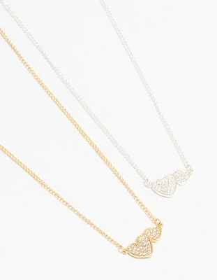 Mixed Metal Cubic Zirconia Heart Link Necklaces 2-Pack