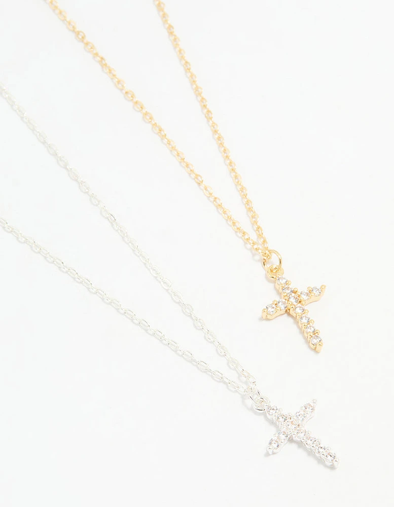 Mixed Metal Cross Cubic Zirconia Pendant Necklaces 2-Pack