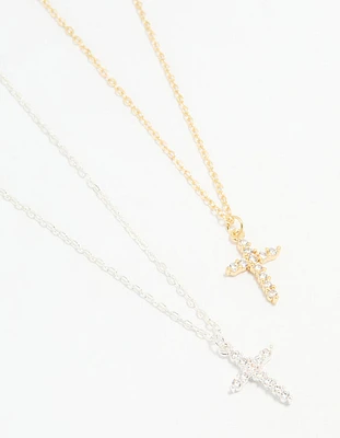 Mixed Metal Cross Cubic Zirconia Pendant Necklaces 2-Pack