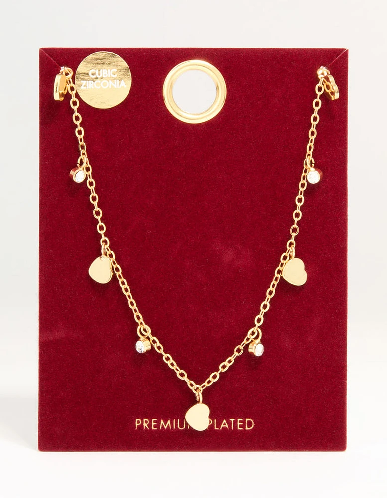 Gold Plated Cubic Zirconia & Heart Charm Pendant Necklace
