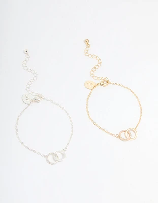 Gold & Silver Plated Brass Cubic Zirconia Link Bracelets 2-Pack