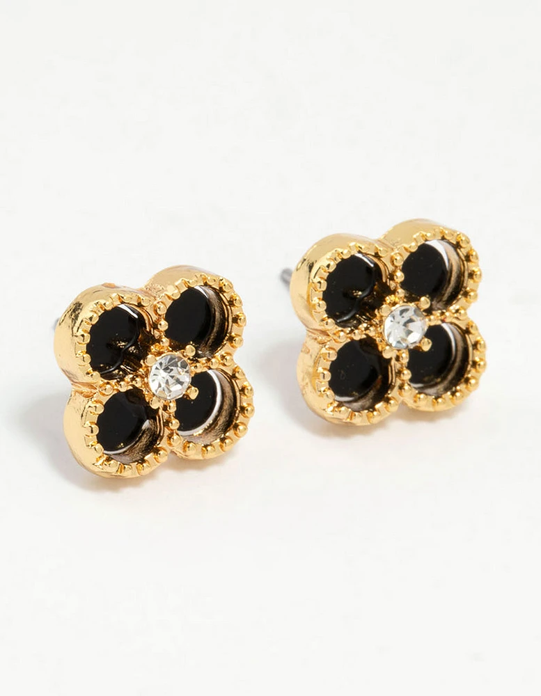 Waterproof Gold Plated Stainless Steel Black Flower Stud Earrings