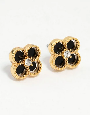Waterproof Gold Plated Stainless Steel Black Flower Stud Earrings