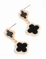 Gold Cubic Zirconia Black Flower Drop Earrings