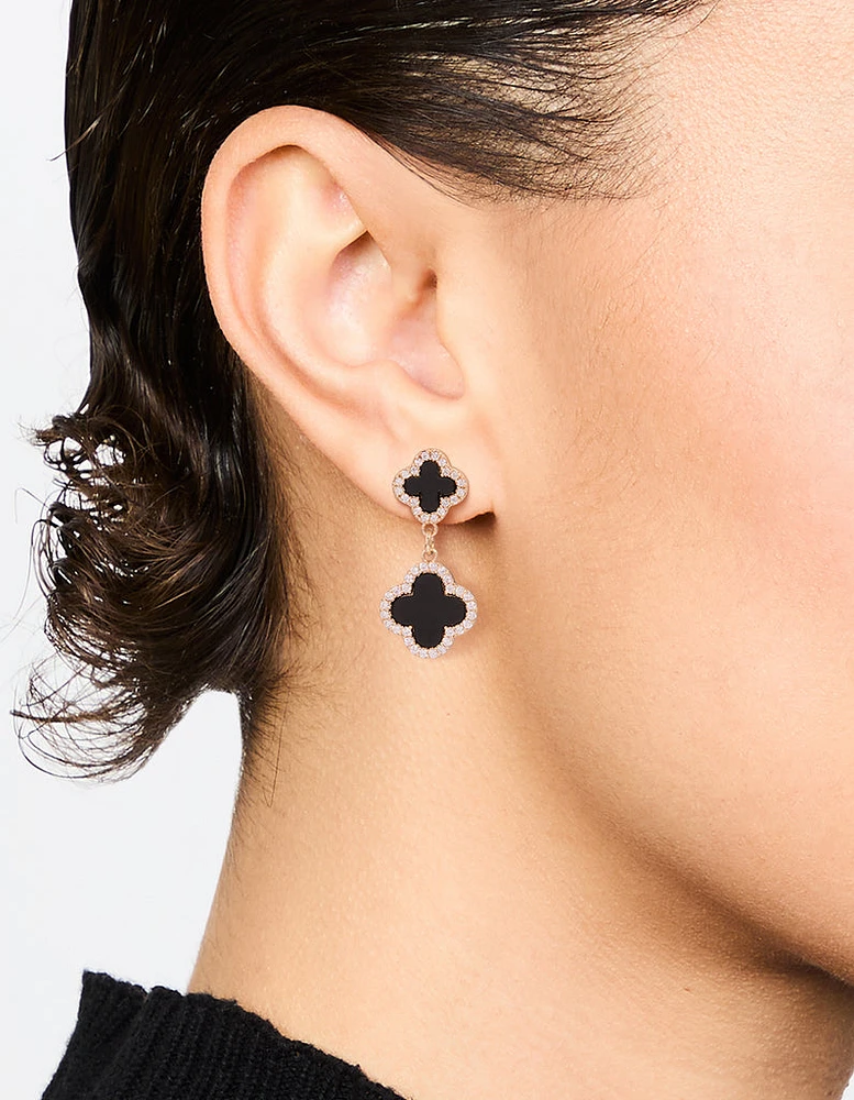 Gold Cubic Zirconia Black Flower Drop Earrings