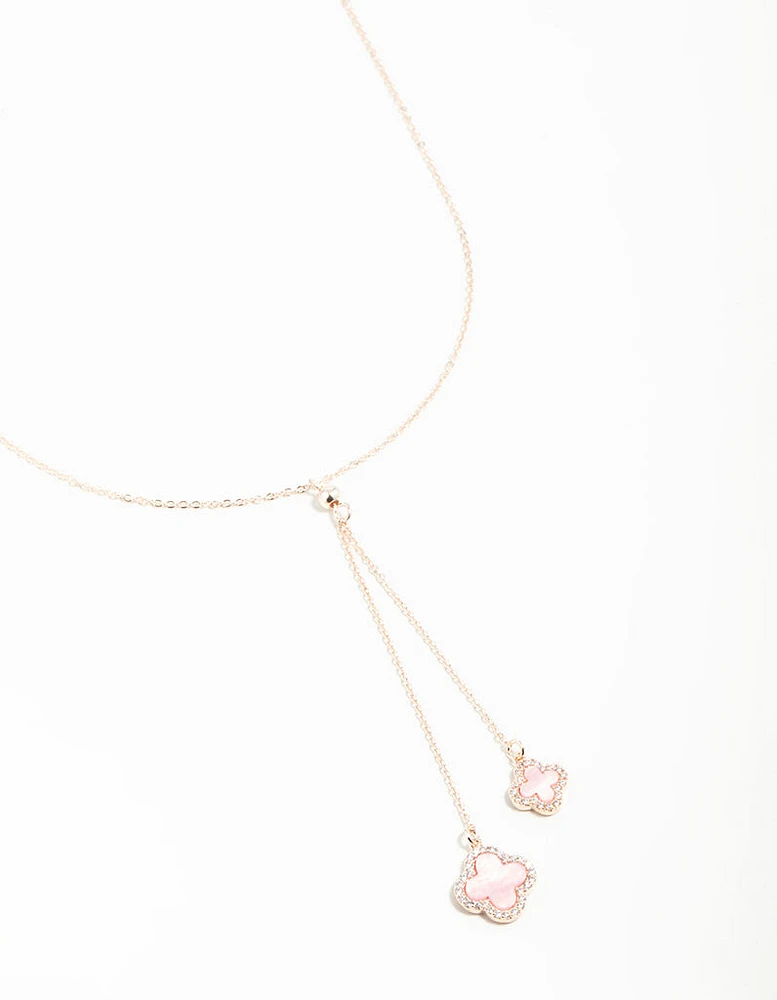 Rose Gold Cubic Zirconia Pink Flower Y-Necklace