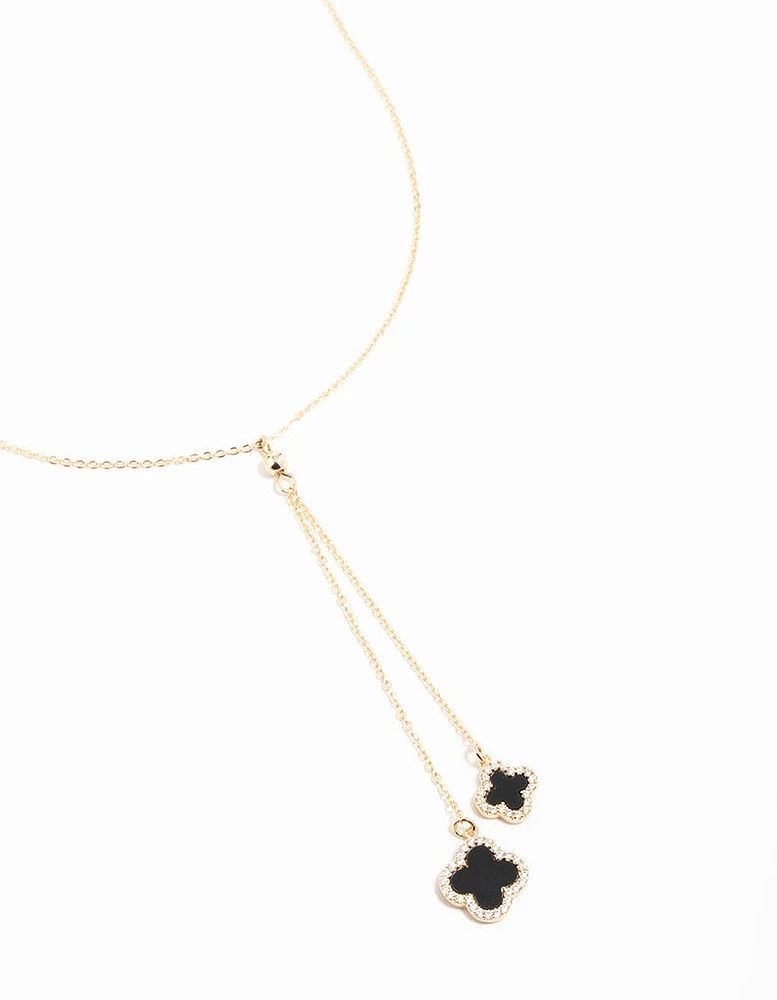 Gold Cubic Zirconia Black Flower Y-Necklace