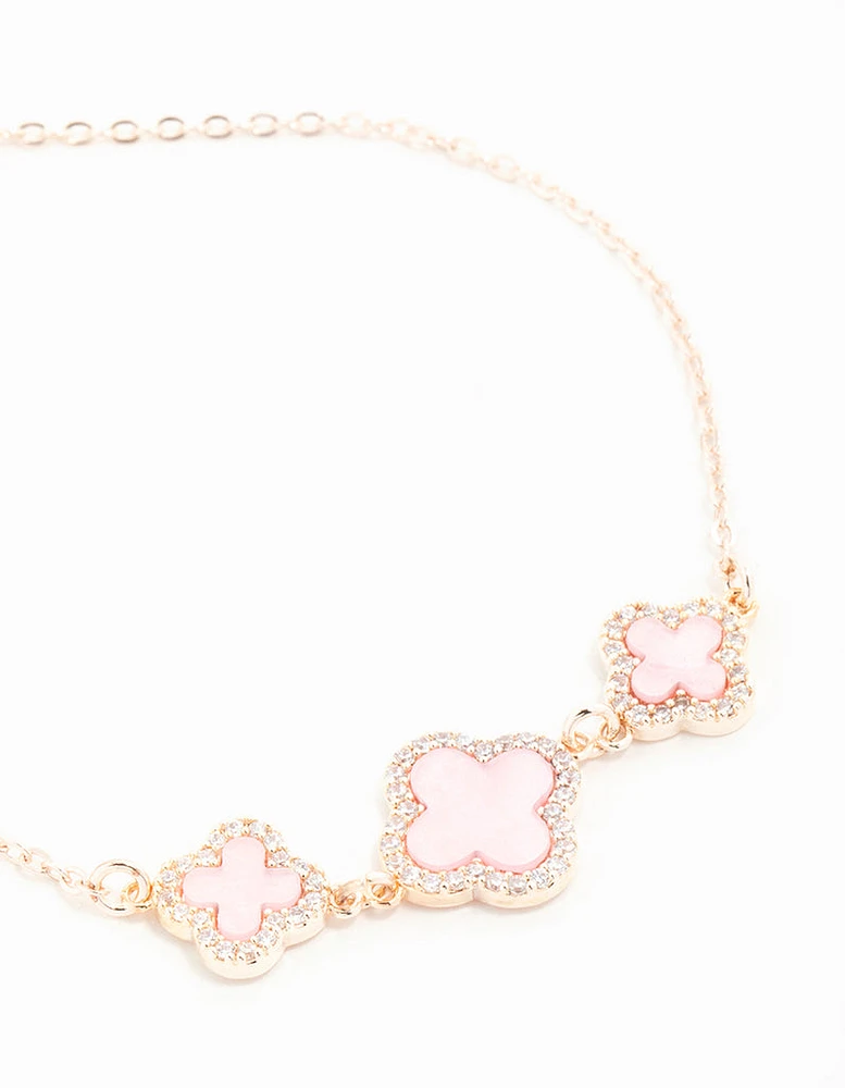 Rose Gold Cubic Zirconia Pink Flower Trio Bracelet