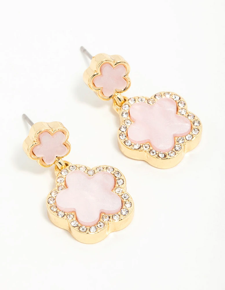 Gold Plated Pink Flower Drop Earrings