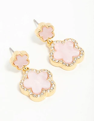 Gold Plated Pink Flower Drop Earrings