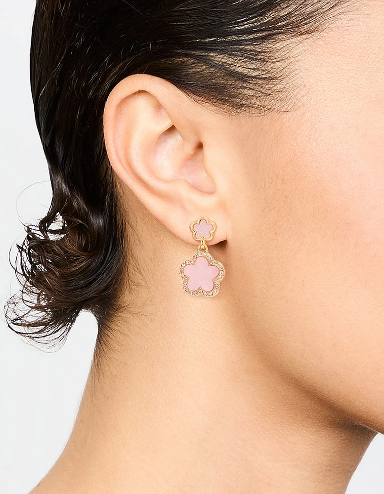 Gold Plated Pink Flower Drop Earrings